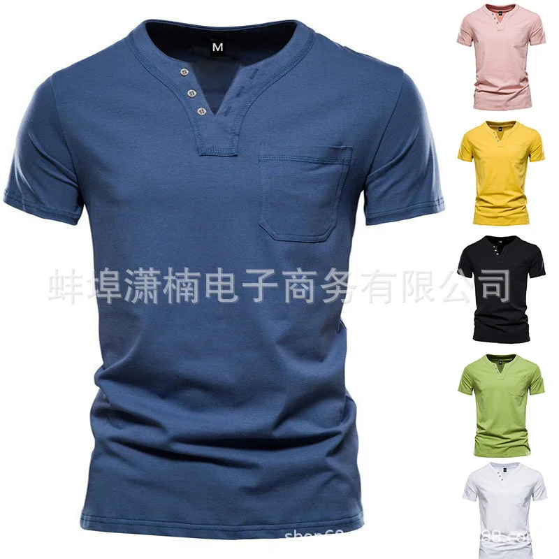 Men's V-neck Short-sleeved T-shirt Casual Short-sleeved Slim-fit Sports Henry Shirt Solid Color