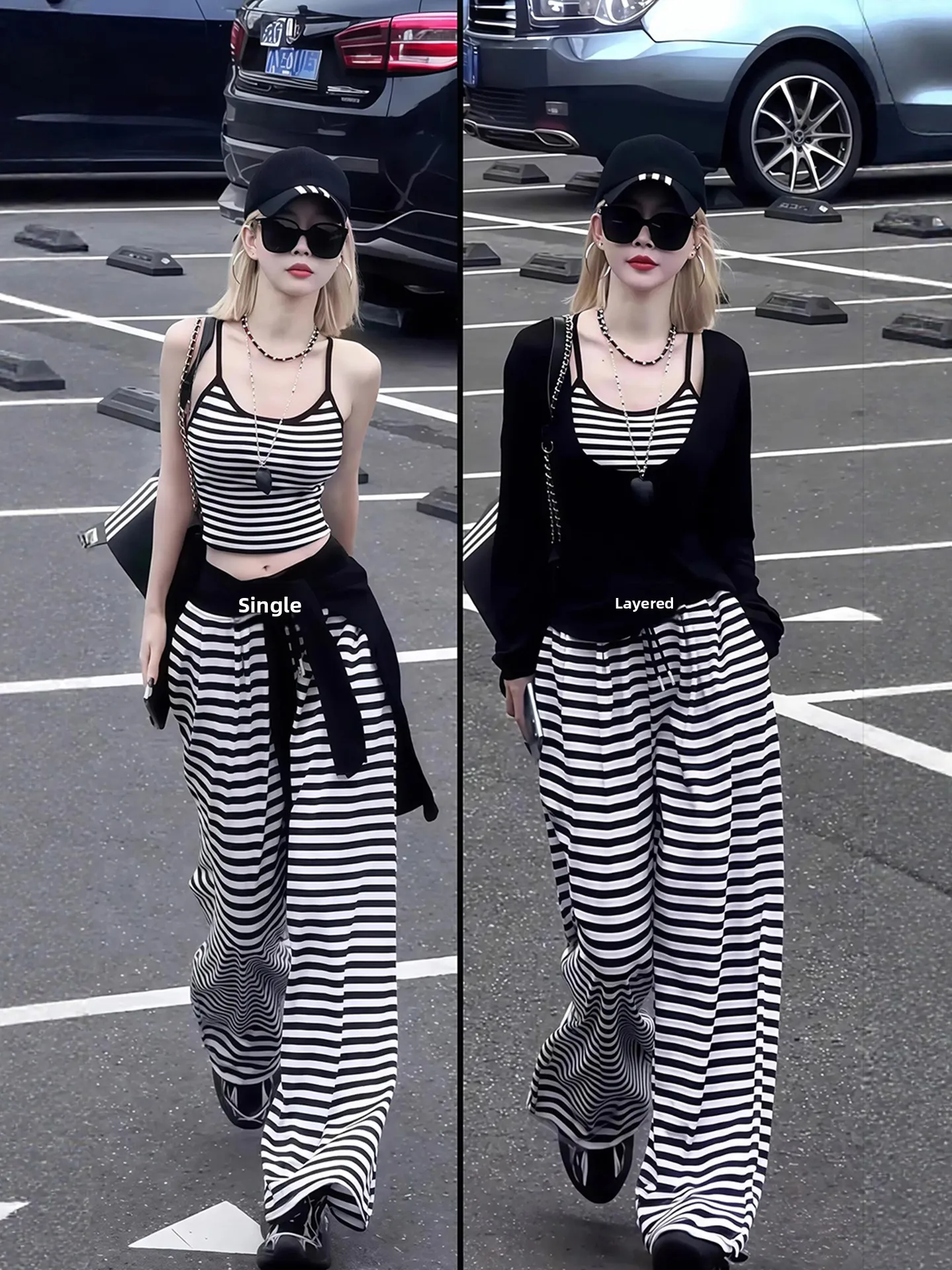 

Spring Faion Set Women's Striped Tube Top And Wide Leg Pants plus Size Tee Piece Set Breathable High Waist Casual Wear