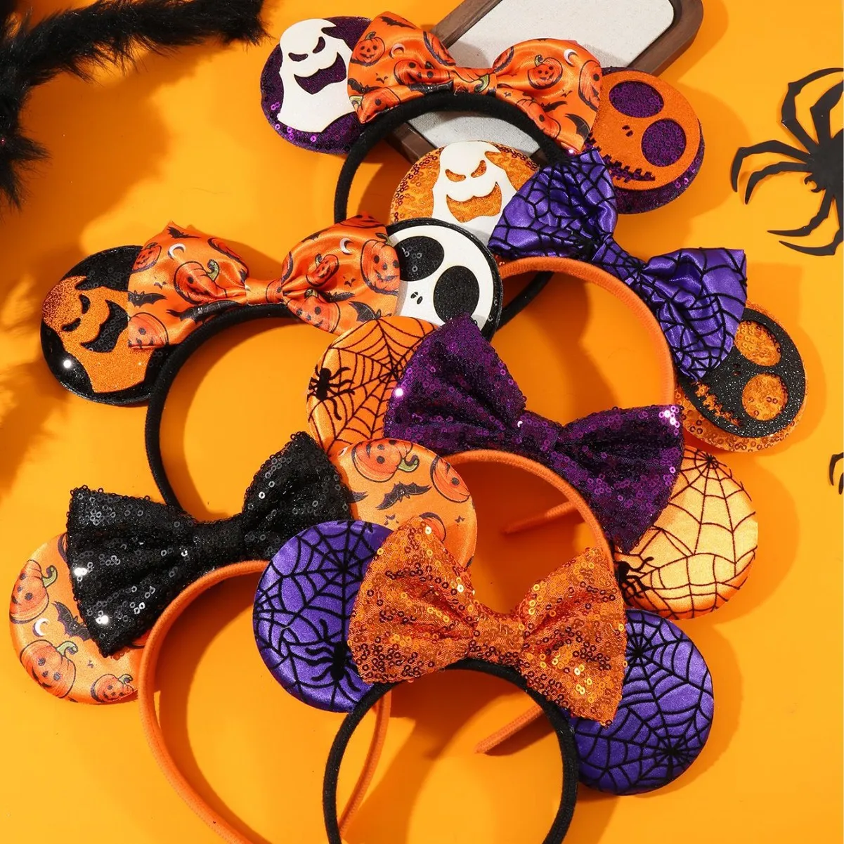 Miniso 할로윈 프린트 거미줄 호박 Screwt 귀여운 Q 버전 미키 귀 활 머리띠 헤어 액세서리