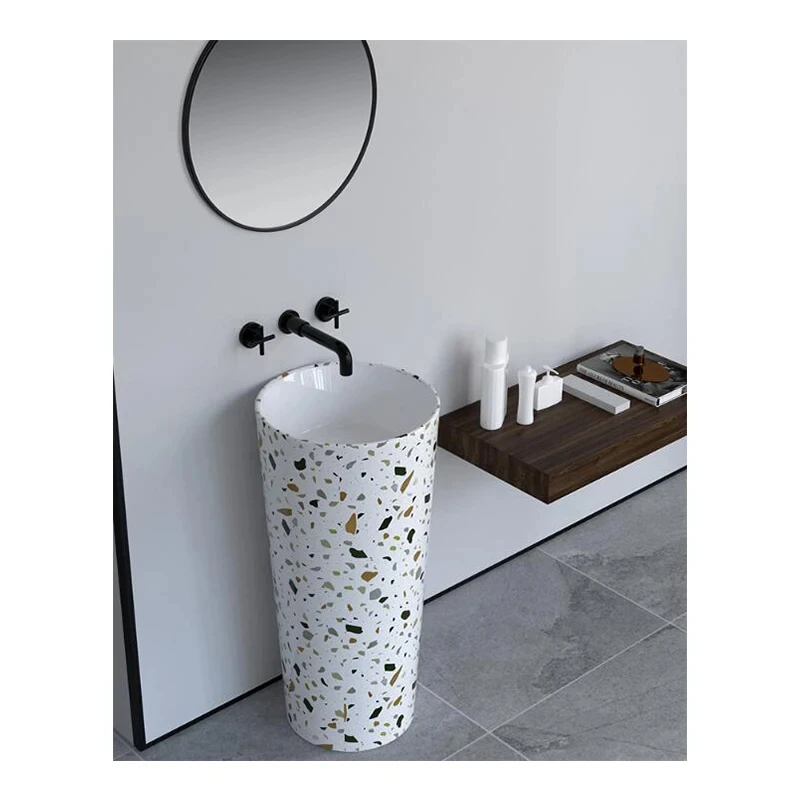 Ceramic Terrazzo Pedestal Sink Bathroom Washing Basins Free Standing Bowl Manufacturer Creative Vanity Sink