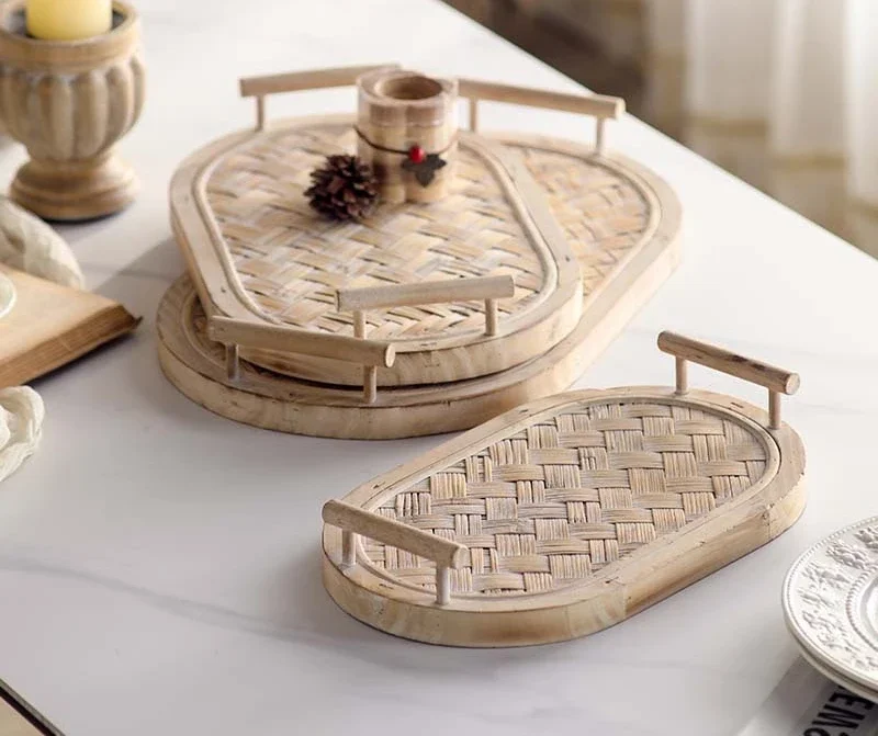 Bohemian desktop decoration, fruit tray, coffee cup tray, handmade bamboo weaving set, rectangular plate.