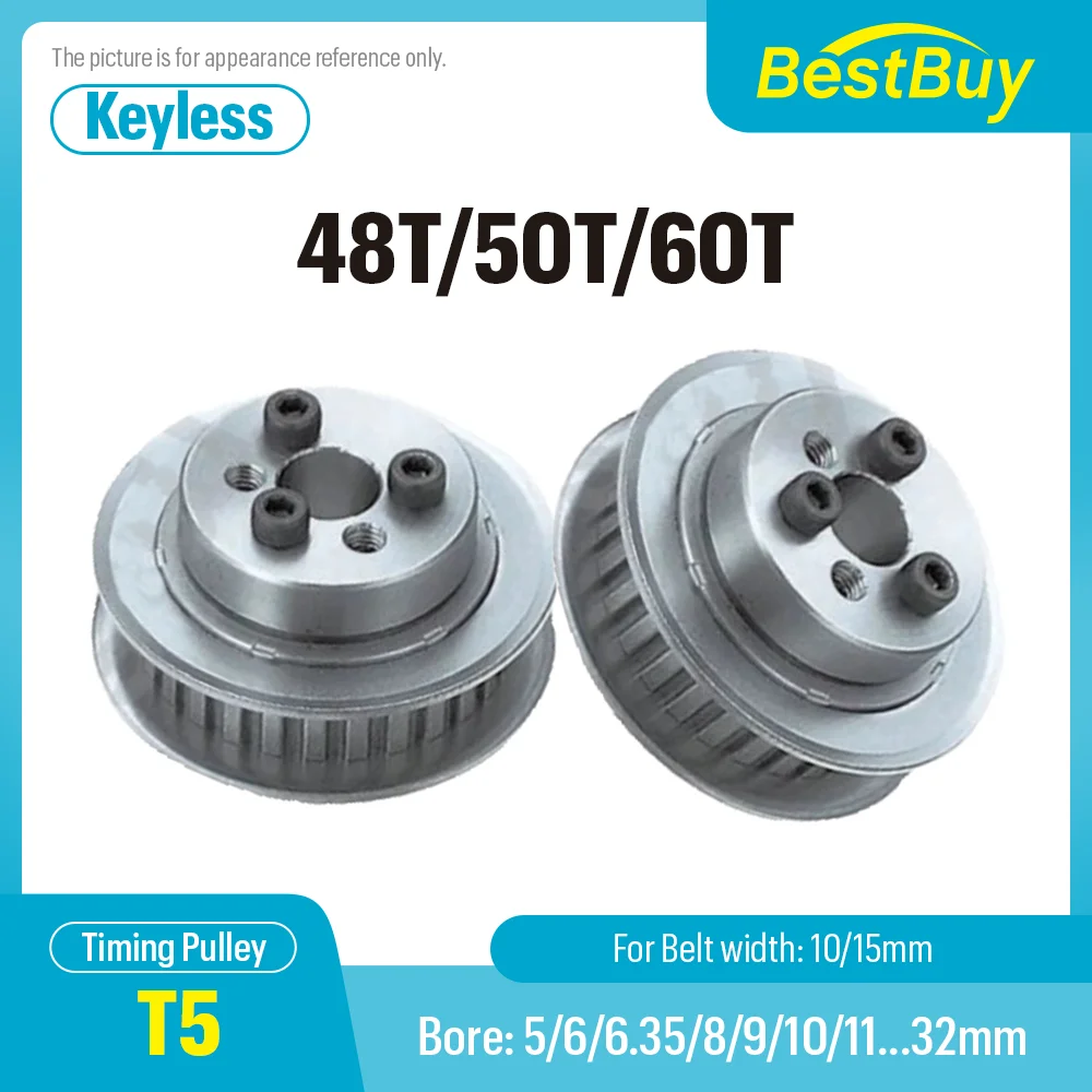 48T/50T/60T Trapezoidal Tooth Timing Pulley Keyless Bushing Bore 5-32mm For T5 Synchronous Belt Width 10/15mm