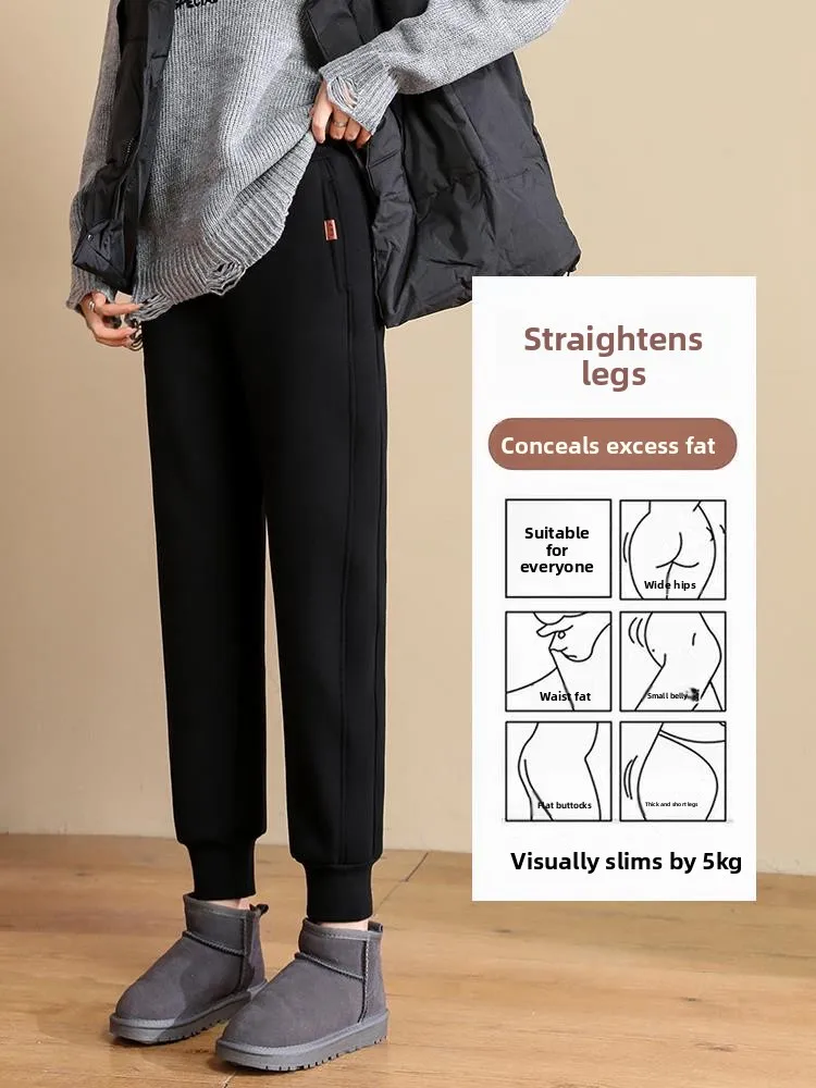 Thickened Fleece Women's Sports Pants Autumn Winter Casual Sweatpants  Lamb Velvet Loose Cuffed Cotton Pants