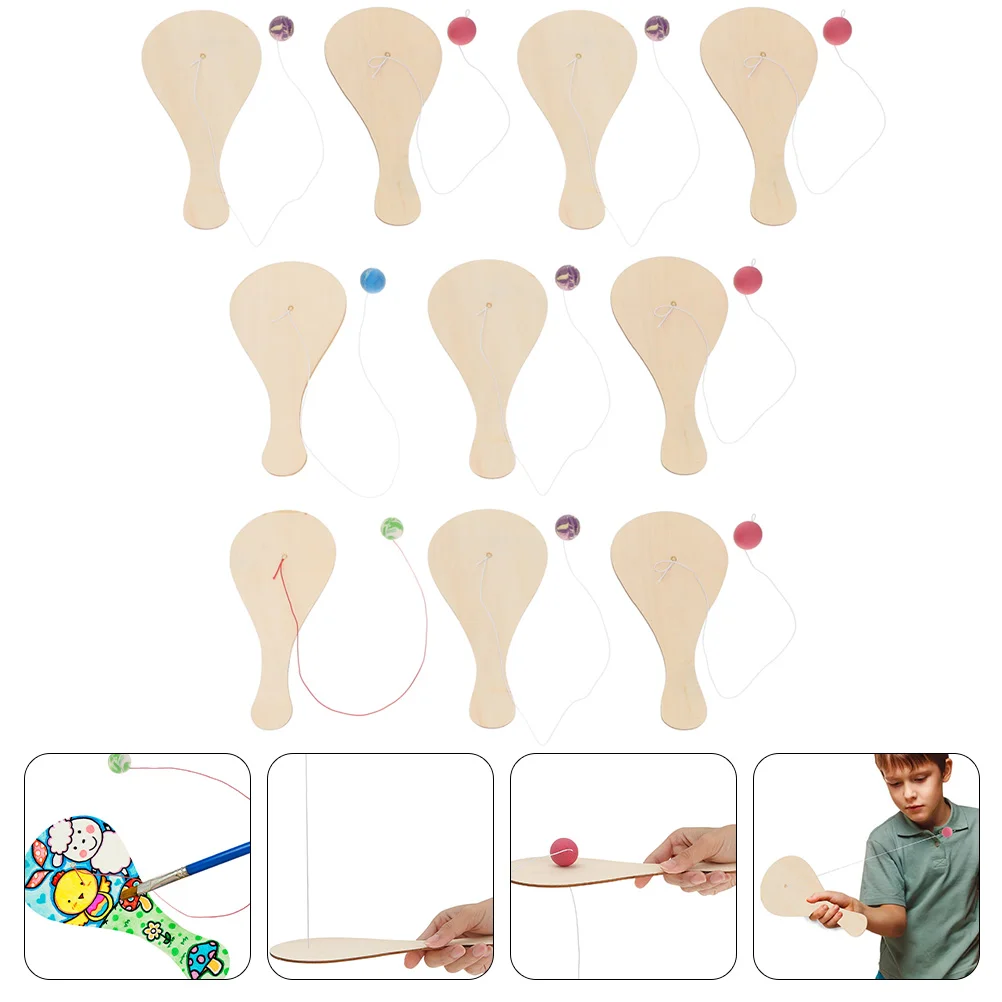 

10 Pcs Racket Handmade Paddle Ball Toy Kids Plaything Toddler Toys Crafts Tennis Wood Rubber Beach Draw