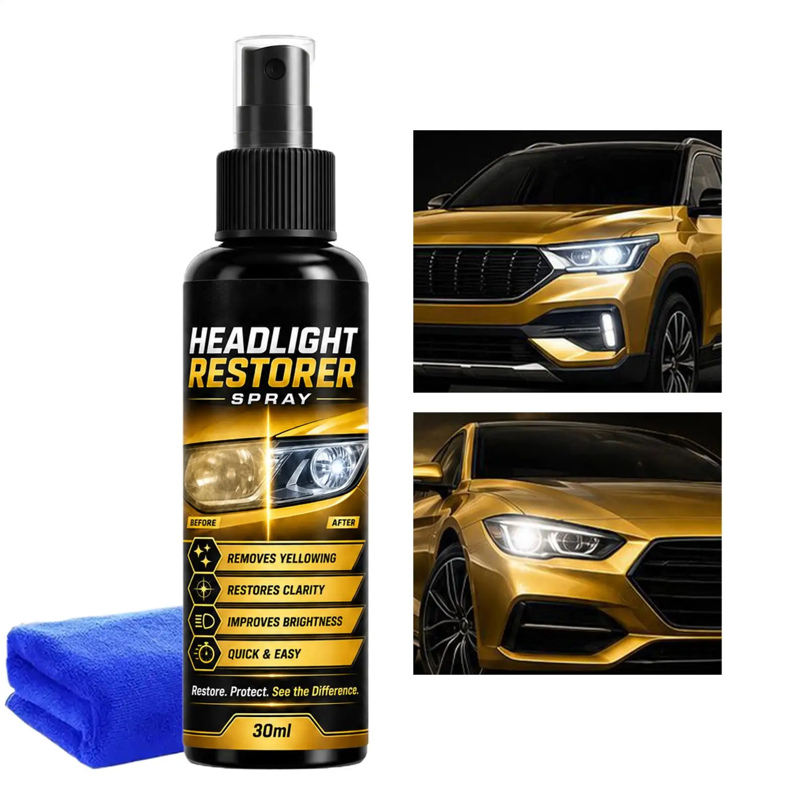 30ml Headlight Restoration Spray Anti-Fog Scratch Remover with UV Block Restores Clarity to Yellowed Headlights for Automobiles