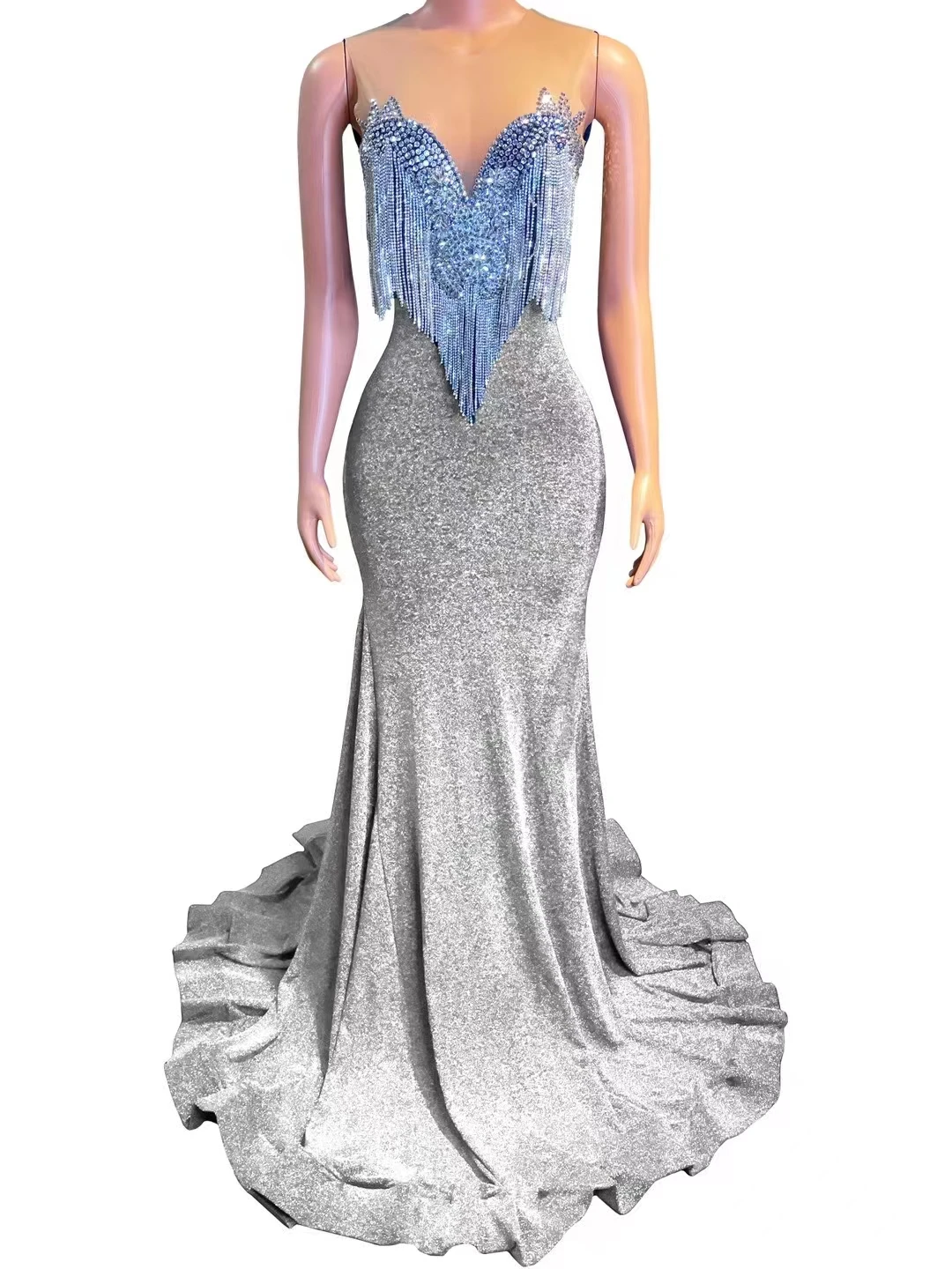 Langtao Sand Multi Color Velvet Diamond ChairV-Neck Tight Sexy Tail Dress Banquet High EndNightclub Bar Performance A512