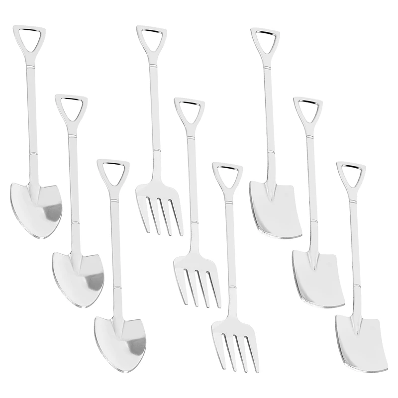 9 Pieces Shovel Spoon Fork Shovel Coffee Spoon Shovel Handle Dessert Spoon Ice Cream Spoon Shovel Shape Fork Fruit Fork