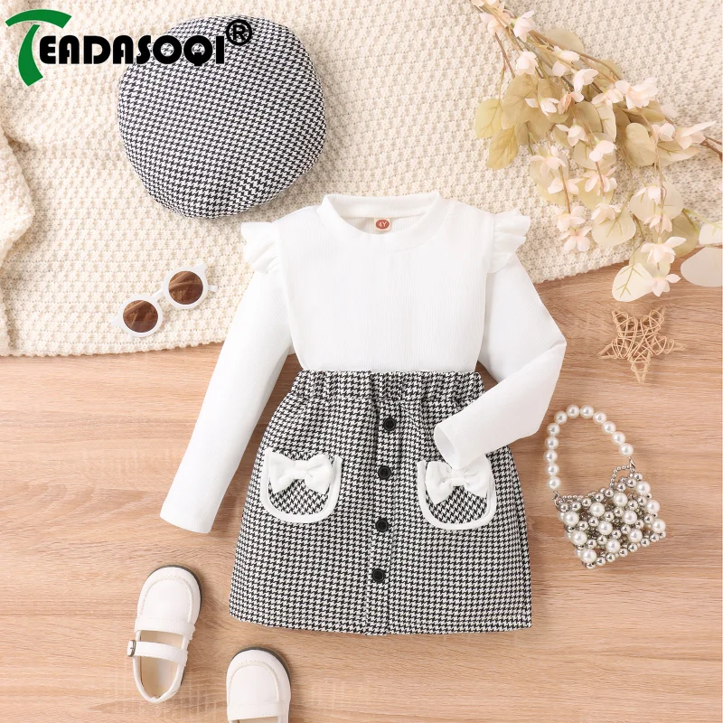 

4-7Y Kids Girls Autumn Clothes Suit Fly Shoulder Long Sleeve Rib Tops+Thousand-birds Plaid Skirt With Bowknot+Beret Hat 3Pcs Set