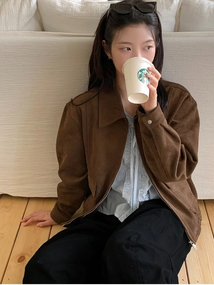 Invierno Chic gamuza larga Sve Jaet mujer Hong Kong Sle diseño Retro Sense Long Sve Top suelta ajuste ort abrigo