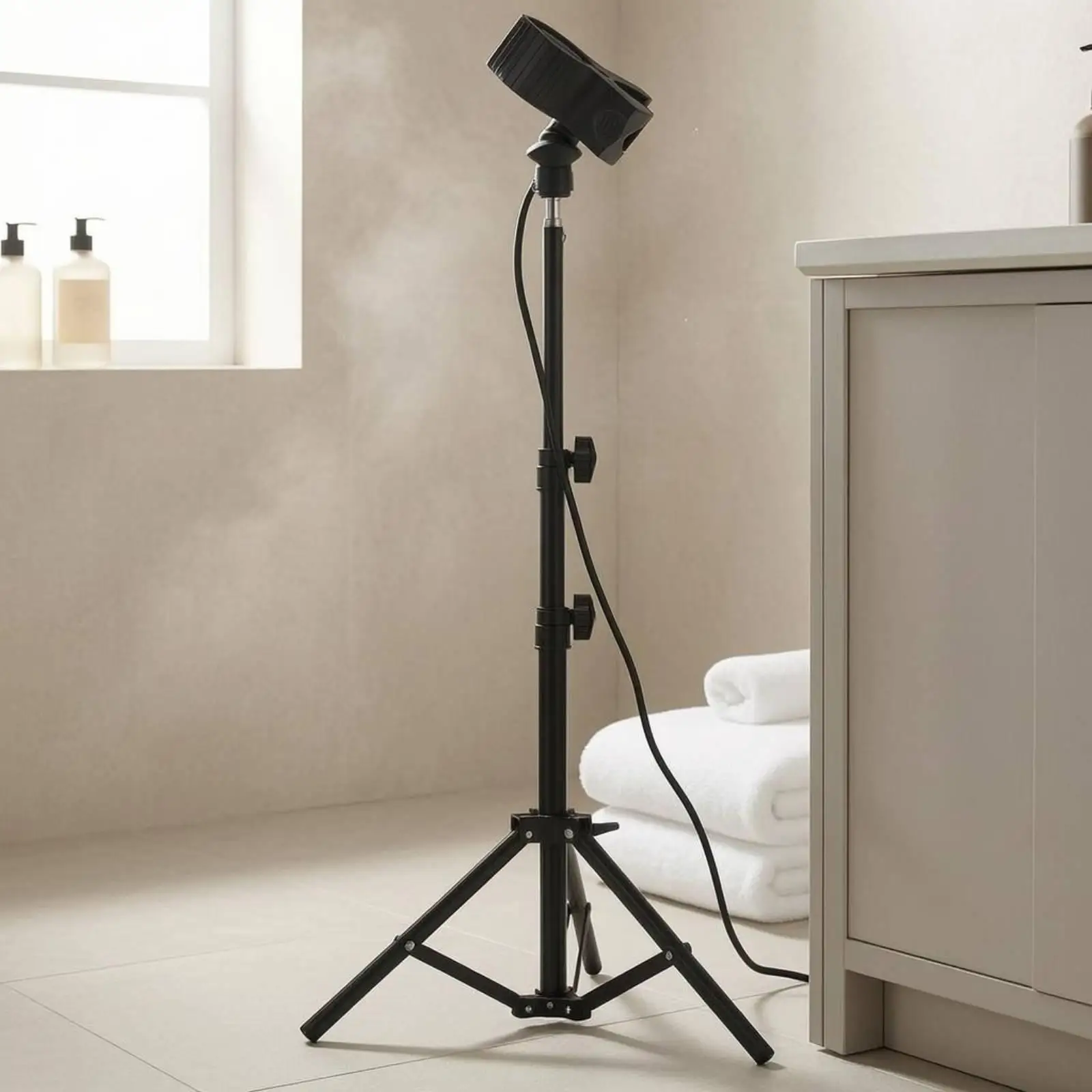 Adjustable Hair Dryer Stand for Home Salon Use Foldable Tripod Base with Vertical Pole for Hands Free Drying
