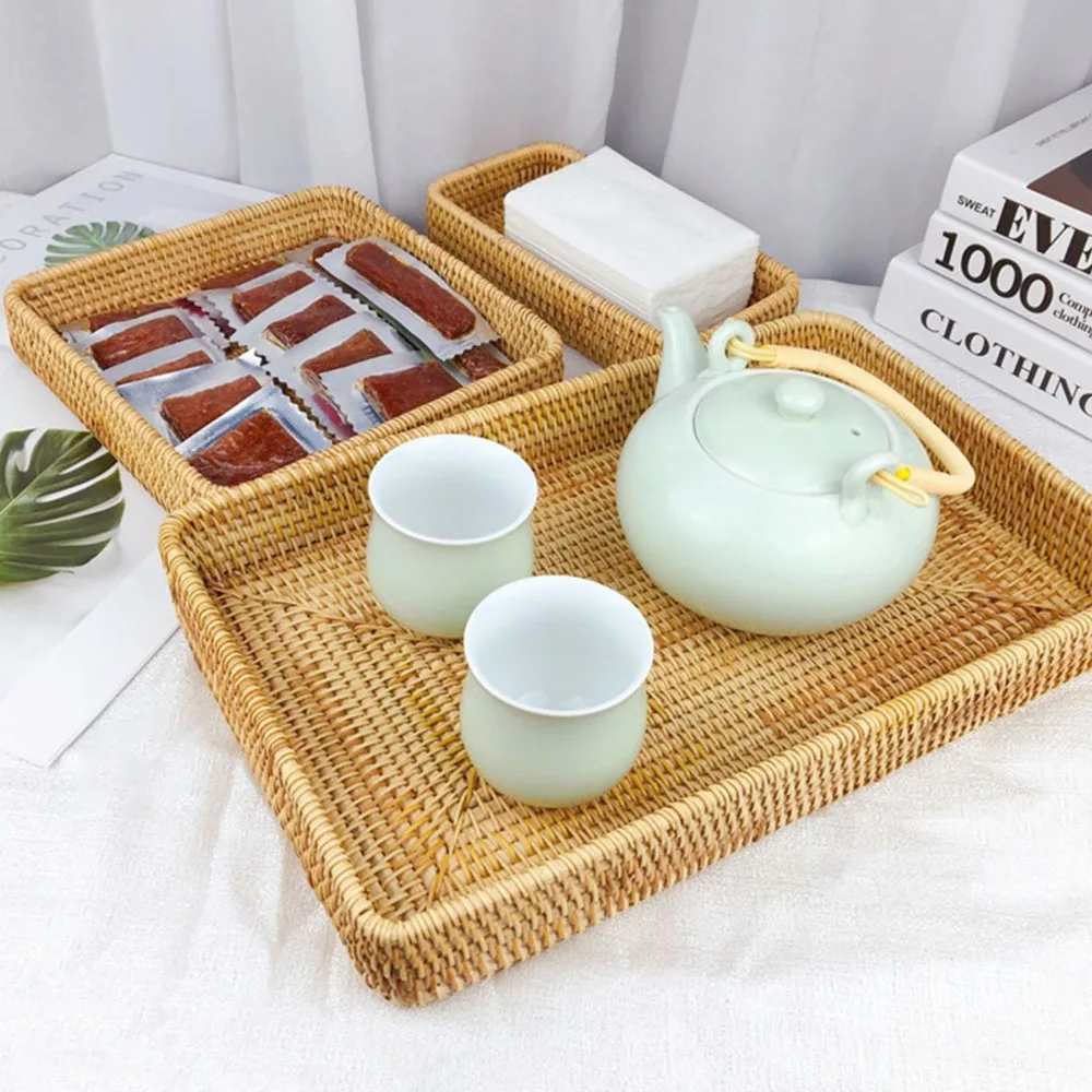 Plant fiber Serving Tray Woven Texture Breathable Structure Decorative Tray Sturdy Flat Tray Catchall Organizer Coffee Table