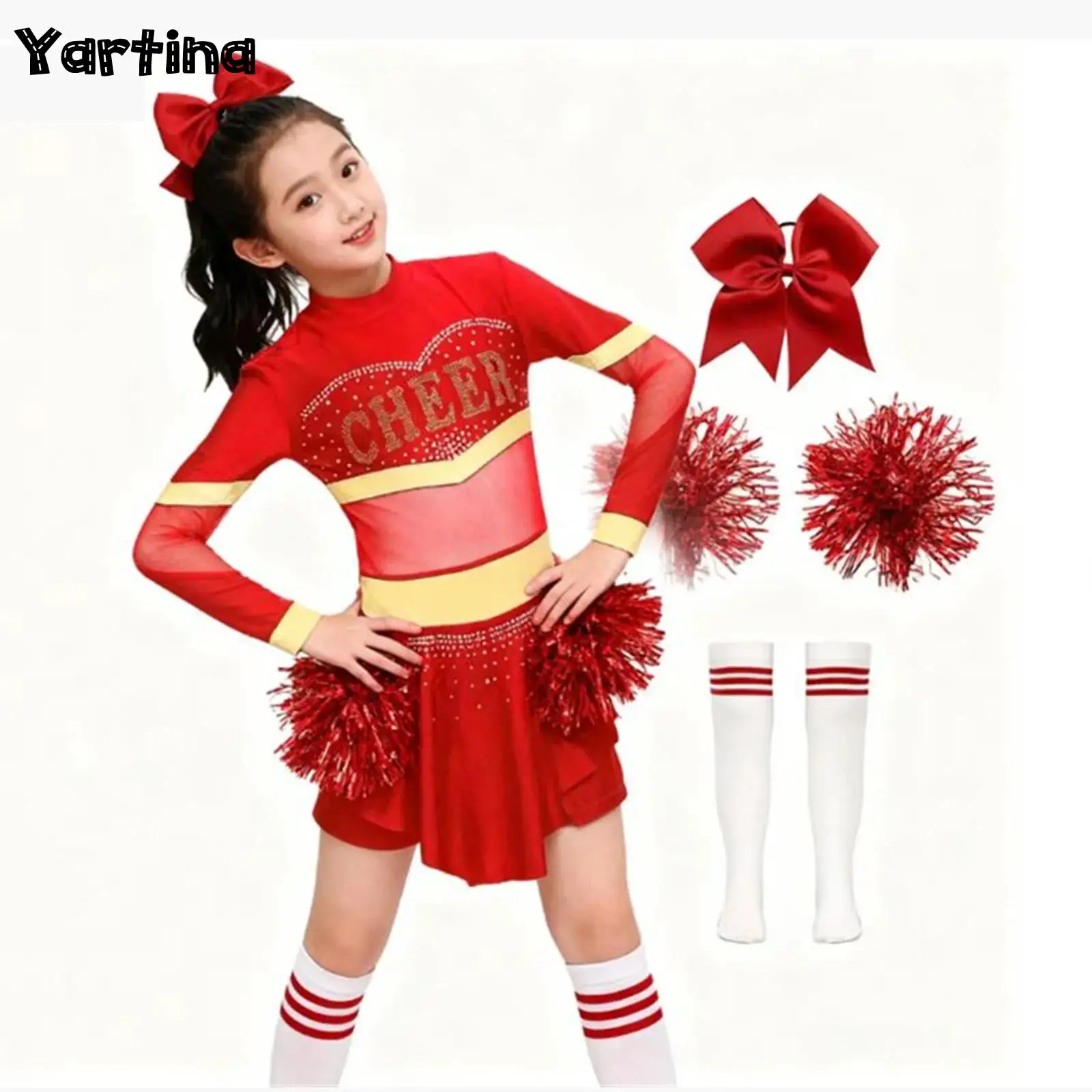 

Kids Girls Cheerleading Uniform Cheerleader Modern Ballet Dance Costume Glittery Rhinestones Metallic Long Sleeve Pleated Dress