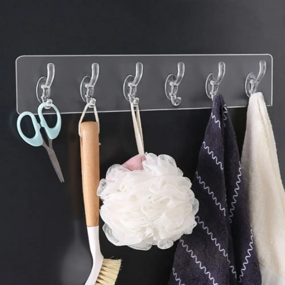 New Acrylic Wall Hanger Hook 1/3/5/6 Row Transparent Clothes Hook Punch Free Self Adhesive Multi-Purpose Hooks Bathroom