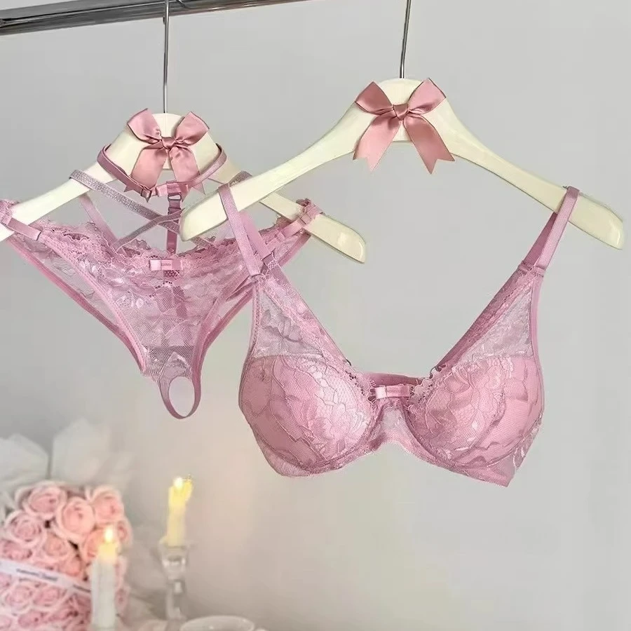

Розовый комплект белья с кружевным бюстгальтером-халтером, сексуальный бюстгальтер с эффектом пуш-ап и полной поддержкой, женский бралетт.