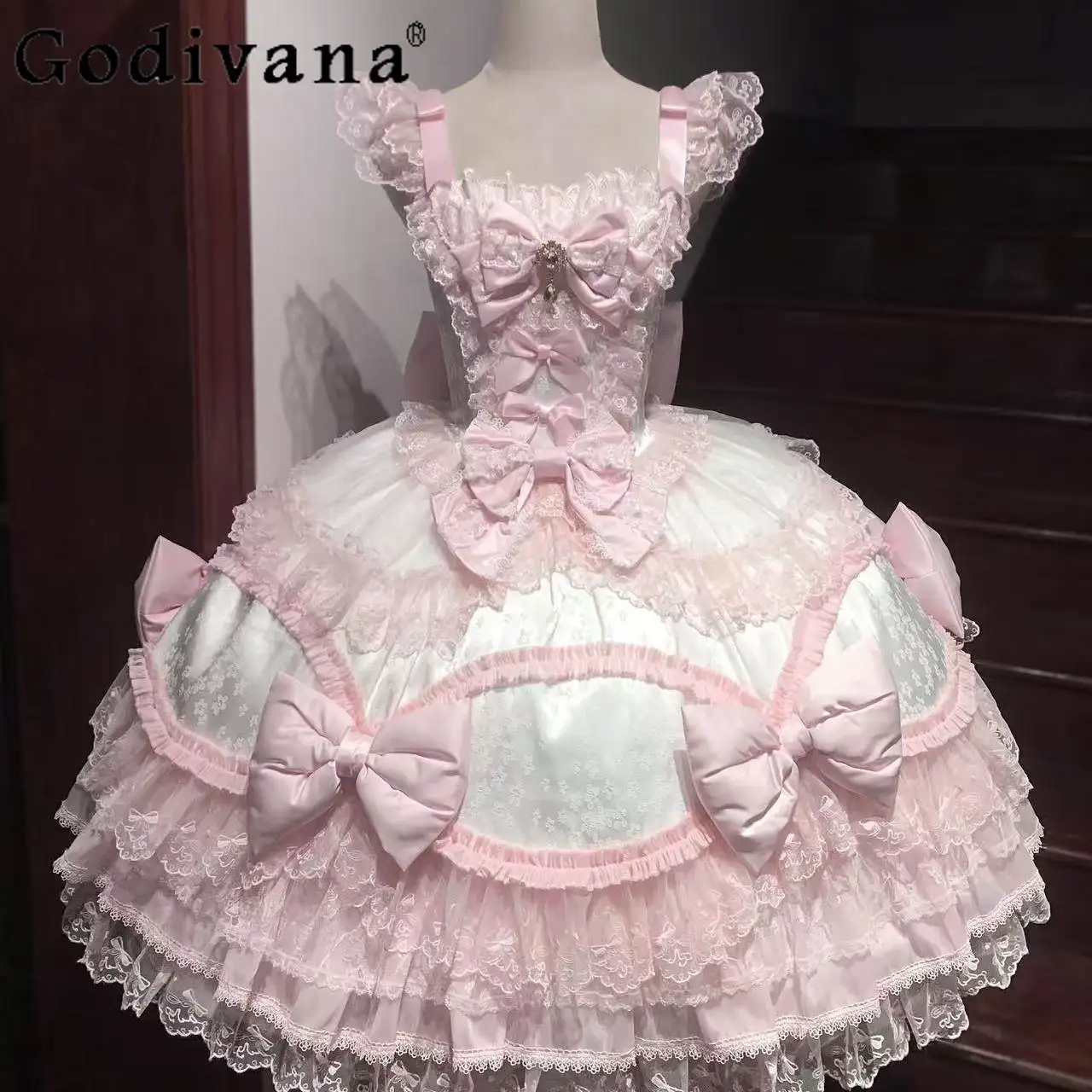 

Pink Lolita Sling Dress JSK Spring Summer New Cute Bow Lace Splice Girl's Women Kawaii Wedding Dress Princess Party Dresses