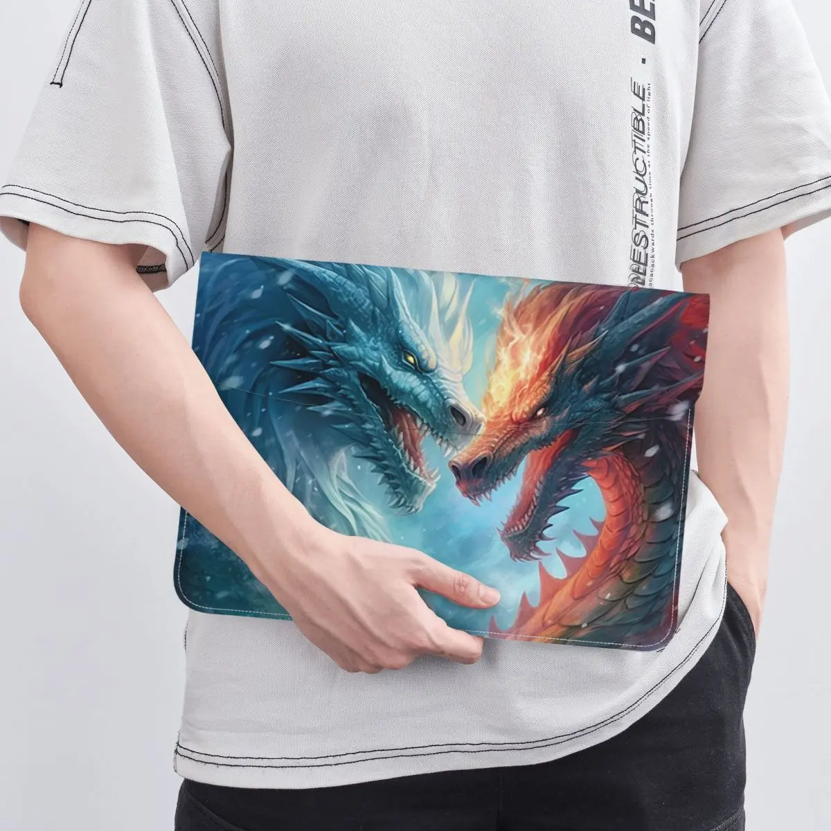 Cartoon Fire And Ice Dragon Print PU Leather Horizontal Laptop Sleeve Shockproof Soft Lining Notebook Case 13 Inch