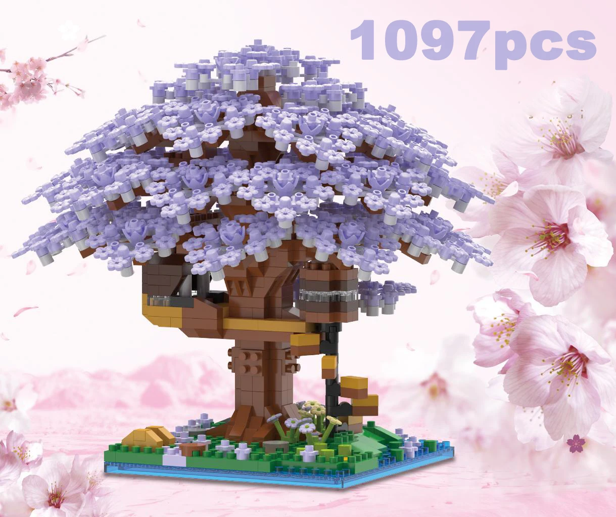 DIY Lila Romantische Kirschblüte Blume Rosa Baum Haus Montage Bausteine Klassisches Modell Miniatur Ziegel Sets Kind Geschenke – Detail 17