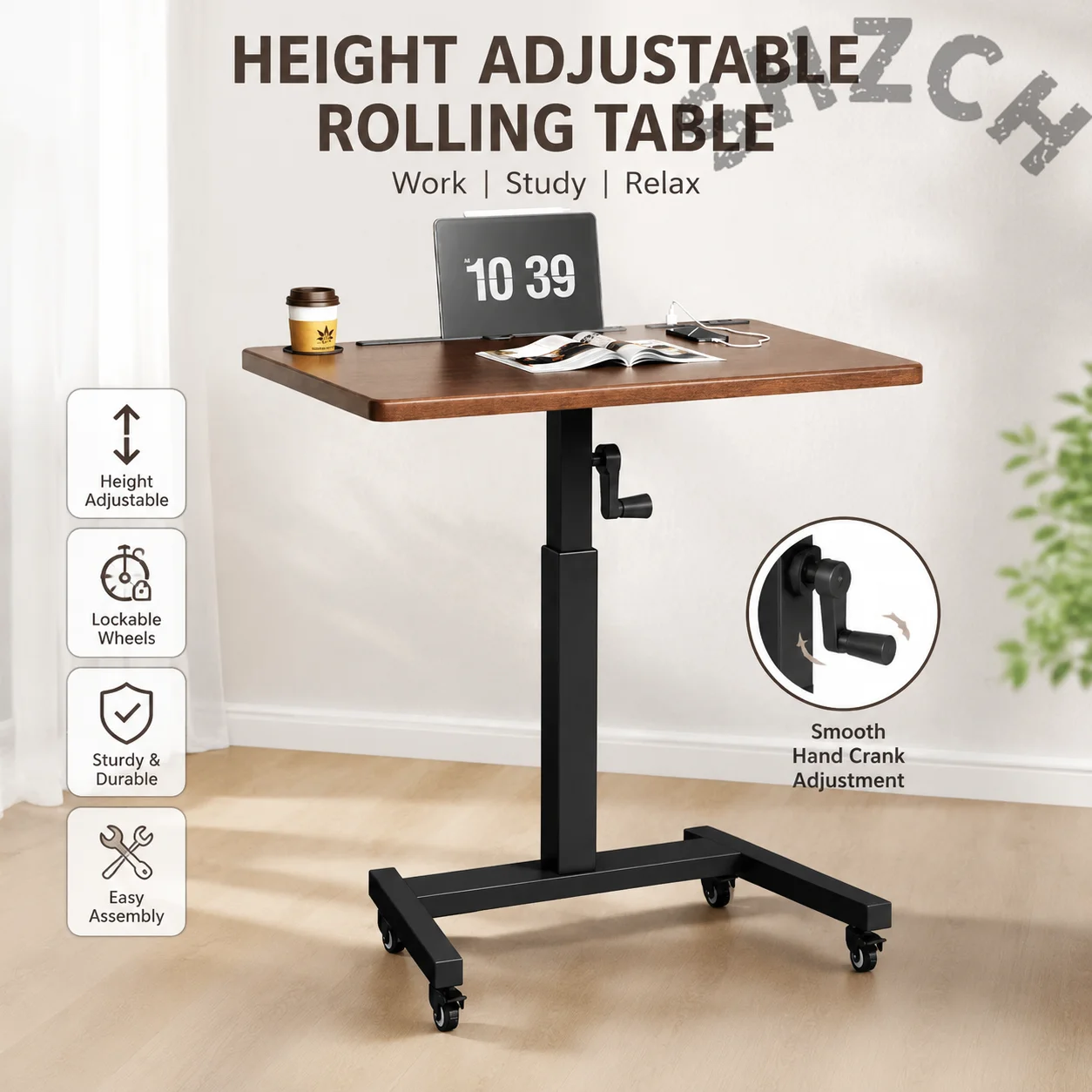 Hand-Crank Height-Adjustable Standing Desk – Compact Foldable Mobile Workstation, 60x52cm Top, 75–112cm Range, Universal Caster