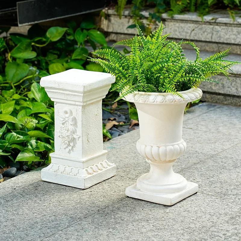 ING European-style simple retro white Roman column Roman flower pot set Outdoor courtyard decoration Garden landscaping ornament