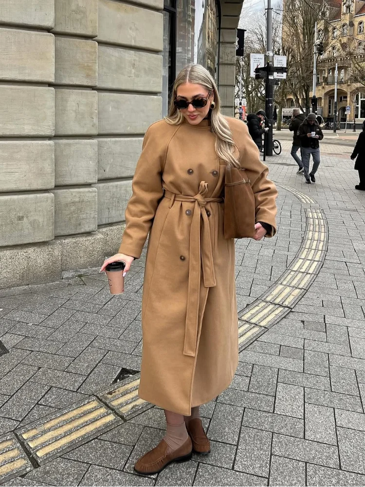 

Casual Belt Women Woolen Coat Elegant Long Sleeve Stand Collar Double Breasted Female Jacket 2025 Autumn Winter Lady Streetwear