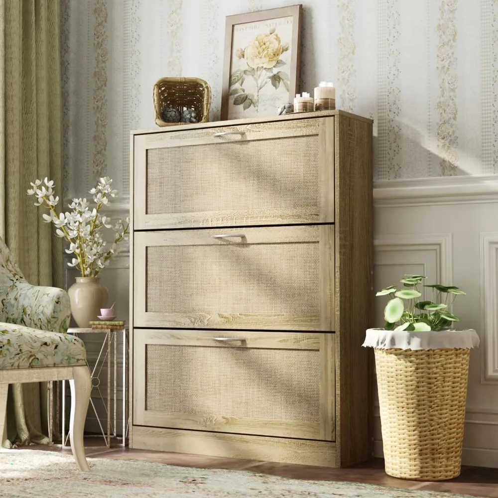 

31.5" L Rattan Narrow Shoe Cabinet with 3 Flip Drawers, Freestanding Shoe Storage Organizer, Modern Shoe Organizer Cabinet
