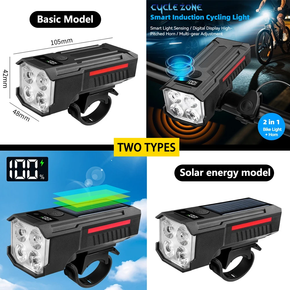 

Smart Bicycle Front Light Electric Loud Horn Light-Sensing Bike Flashlight Headlight with Battery Display Cycling Accessories