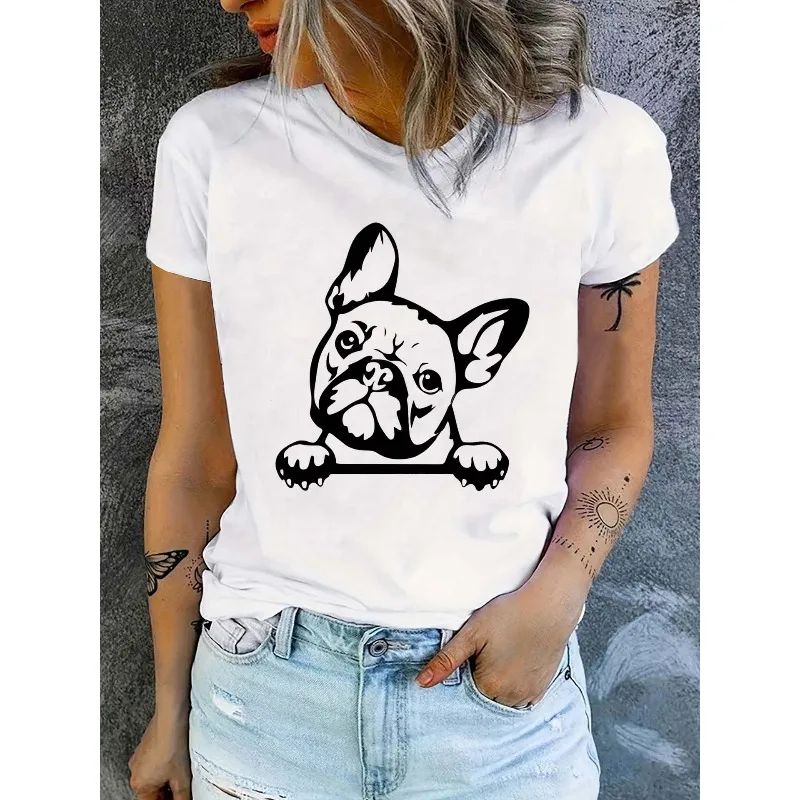 المرأة الكلب تي شيرت مطبوع قصيرة الأكمام طاقم الرقبة رداء علوي غير رسمي المألوف Harajuku نمط القطن الحد الأدنى المرأة تي شيرت #1
