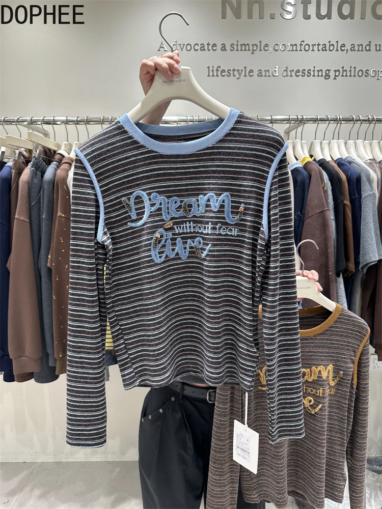 

Long Sleeve Sanding Women T-shirt New Autumn Winter Women Stripes Slimming Basic Tees Colorblock O-neck Female Pullover Top