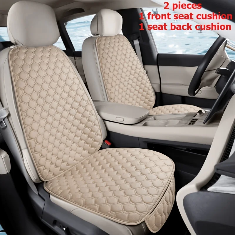 2pcs (1 front seat cushion + 1 front backrest cushion) [Single Front Seat] Linen-textured car seat cover, luxury yet understated, durable, all-season compatible, premium and stylish, universal fit, with a convenient storage pocket under the