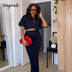 Stigende Women Elegant 2 Piece Outfit Set Black Two Piece Skirt Set Turn Down Collar Button Crop Top and Long Skirt