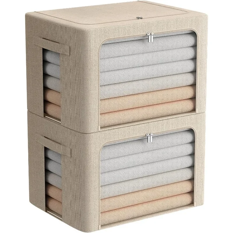 

Extra Large Clothes Storage Bins Foldable Metal Frame Storage Box Stackable Linen Fabric Box Organizer Set with Carrying Handles