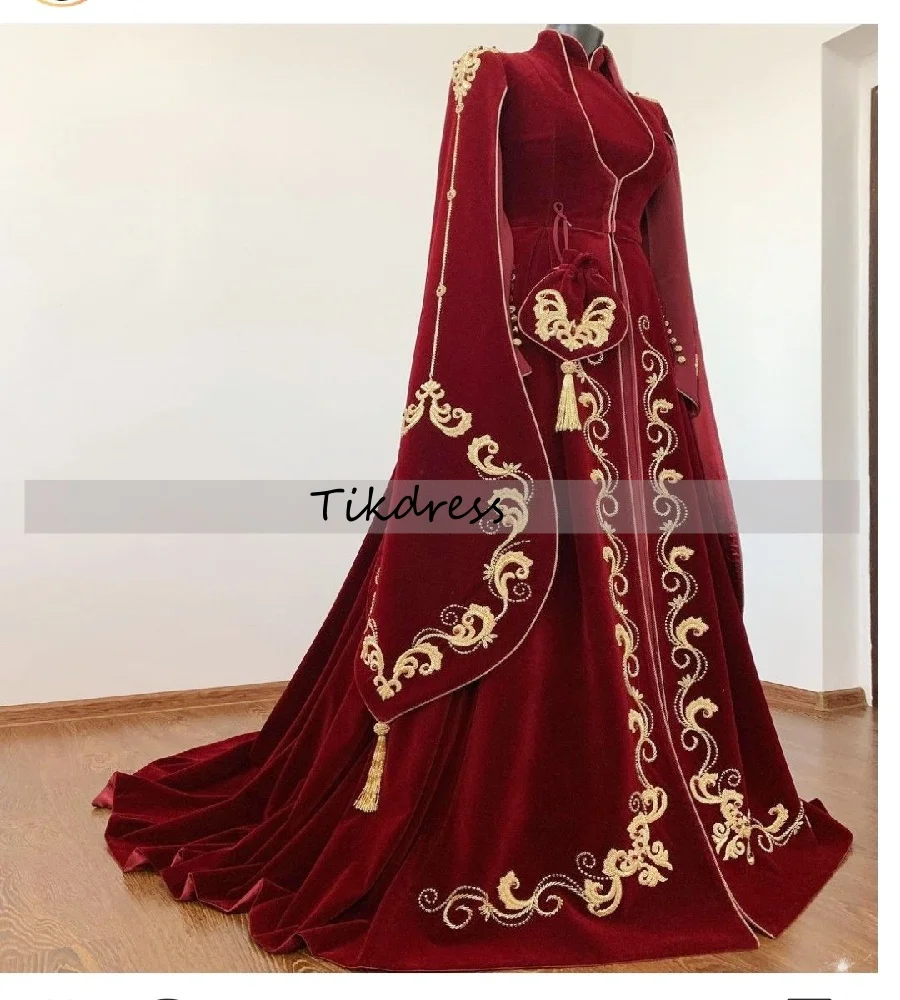 Traditional Circassian Dark Red Wedding Dress With Beaded Celtic Moroccan Kaftan Bridal Dress 2025 Muslim Turkish Customized