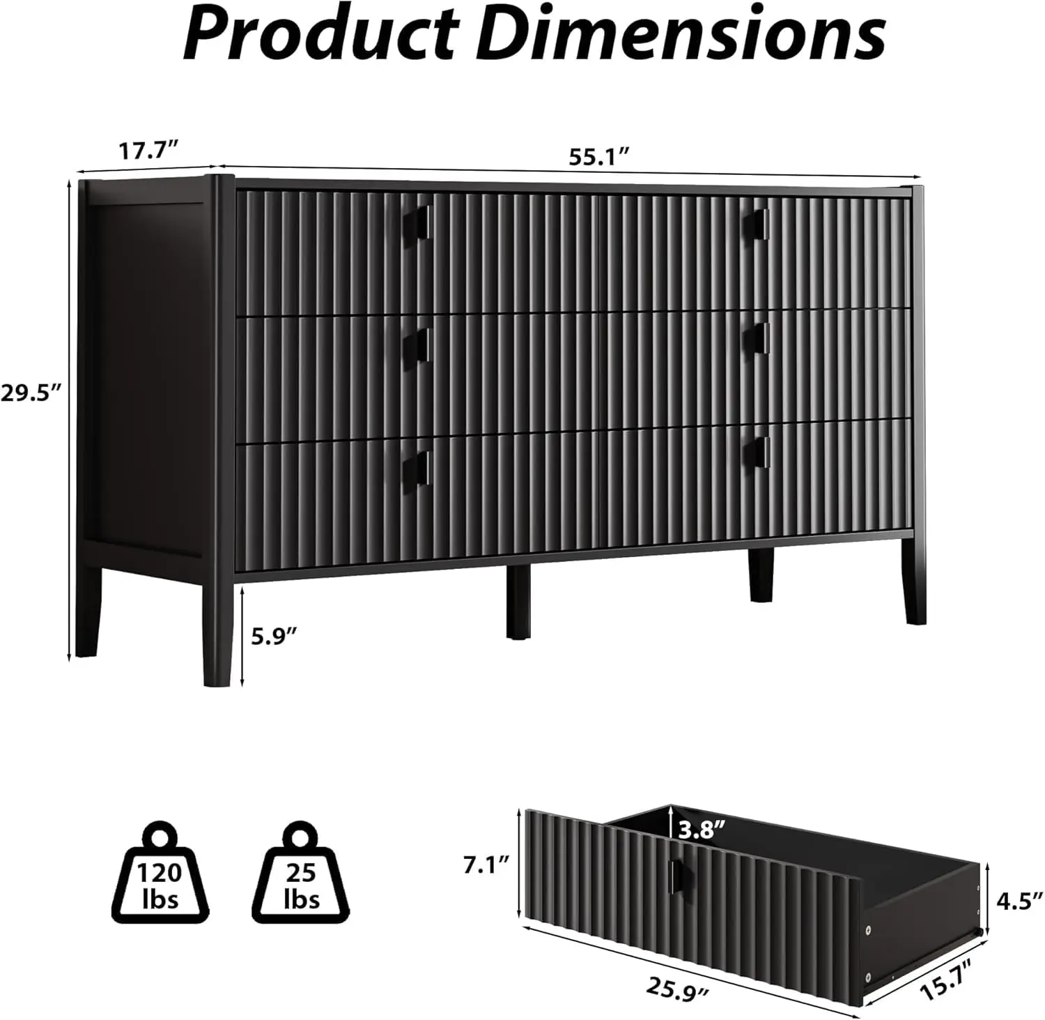 Black 6 Drawer Dresser, Modern Wood Fluted Chest with Legs, TV Stand Storage for Bedroom & Living Room, Customized