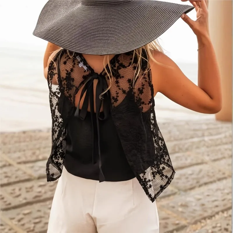 

Summer Black Mesh Tops 2 Piece Sets Women Outfits Perspective Floral Jacquard Sleeveless Vest Backless Leace-up Ladies Blouse