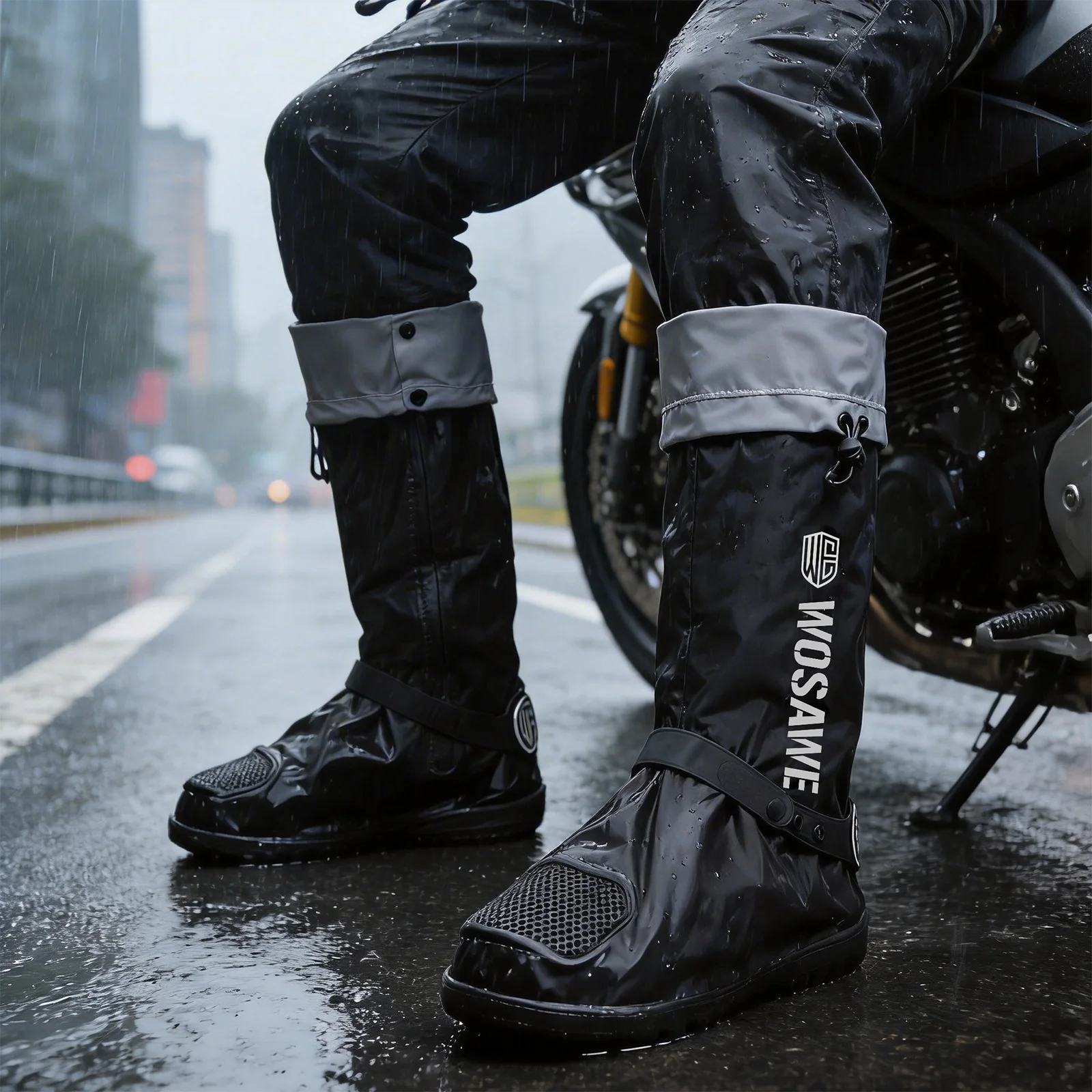 WOSAWE Motorbike Cycling Bike Reusable Rainproof Shoes Cover Motorcycle High Rain Boots Waterproof Reflective Non-Slip Covers