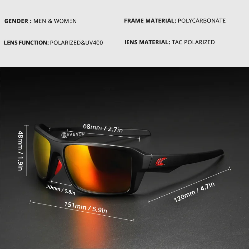 KAENON Klassische quadratische Sport-polarisierte Sonnenbrille für Herren, bunte Sonnenbrille, Kategorie 3, Angeln, Fahren, Brille, Gummi-Nasenpads