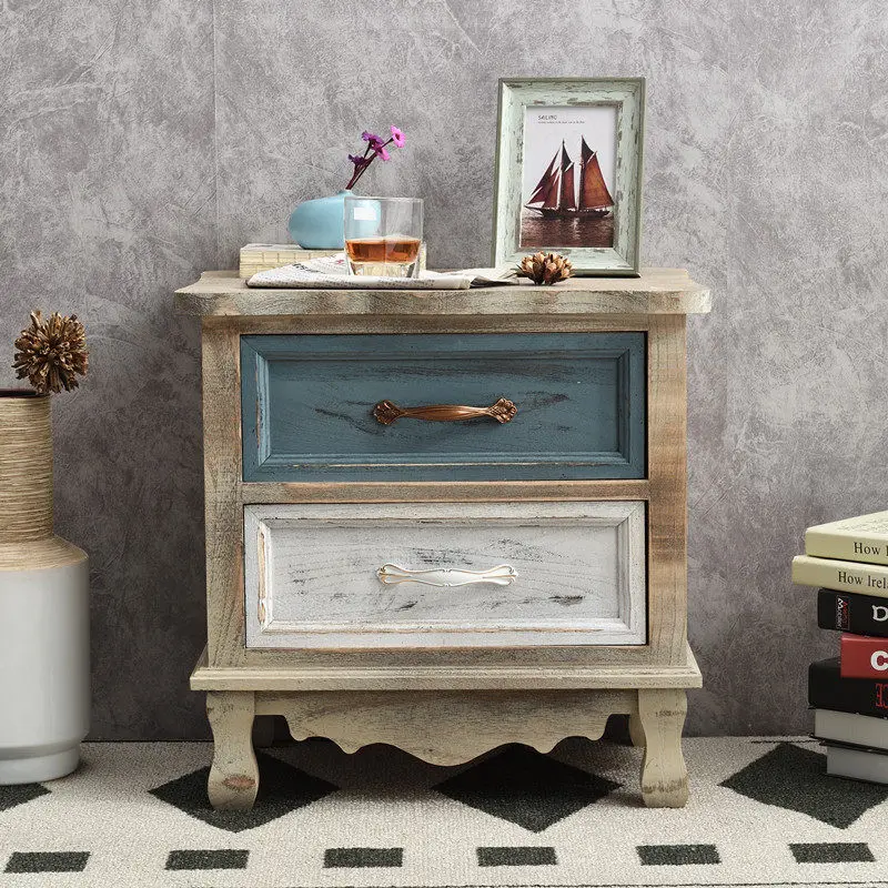 Cómoda de Madera Maciza Estilo Americano con Acabado Envejecido, Mesita de Noche Mediterránea, Gabinete de Almacenamiento, Cómoda Vintage para Dormitorio