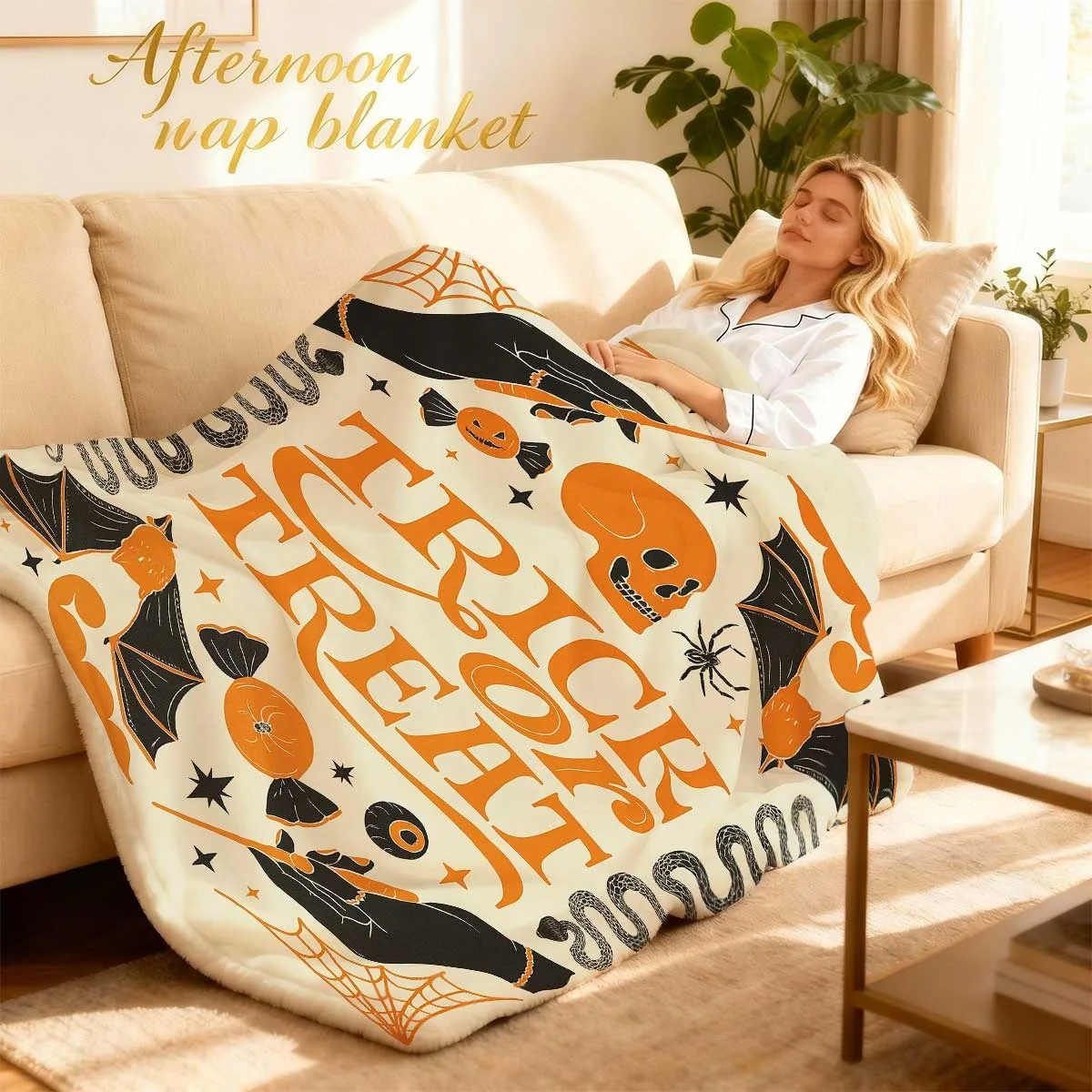 1pc Halloween Blanket - Trick or Treat Throw with Spooky Pumpkin, Bat, Skull Designs - Soft Flannel All-Season Decorative Couch, Bed, Party Decor - Easy Care Non-Irritating Halloween Party Decoration