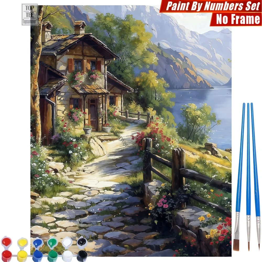 

Lakeside cottage flowers Digital Oil Paints Kit - Stone path tranquil Abstract Wall Art Halloween Gift For Dad