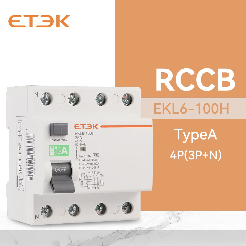 ETEK tipo A RCD RCCB interruttore differenziale elettromagnetico 30ma 2 Pole10KA 3P + N 4P 40A DC 230V EKL6-100H