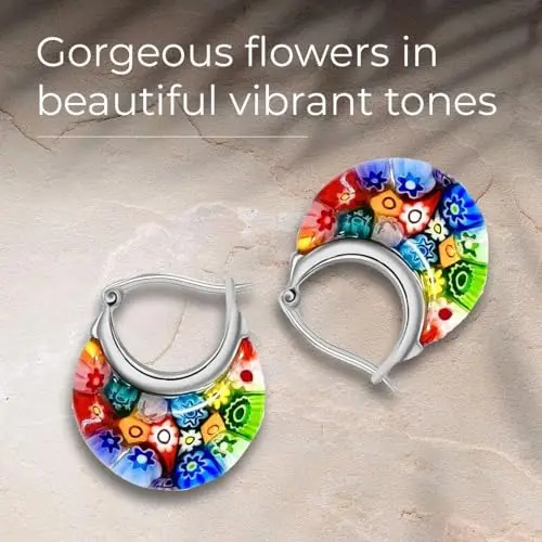 Colorful Murano Style Millefiori Glass Hoop Earrings for Women Daisy Flower Stainless Steel Jewelry Trendy BirthdayGifts for Mom