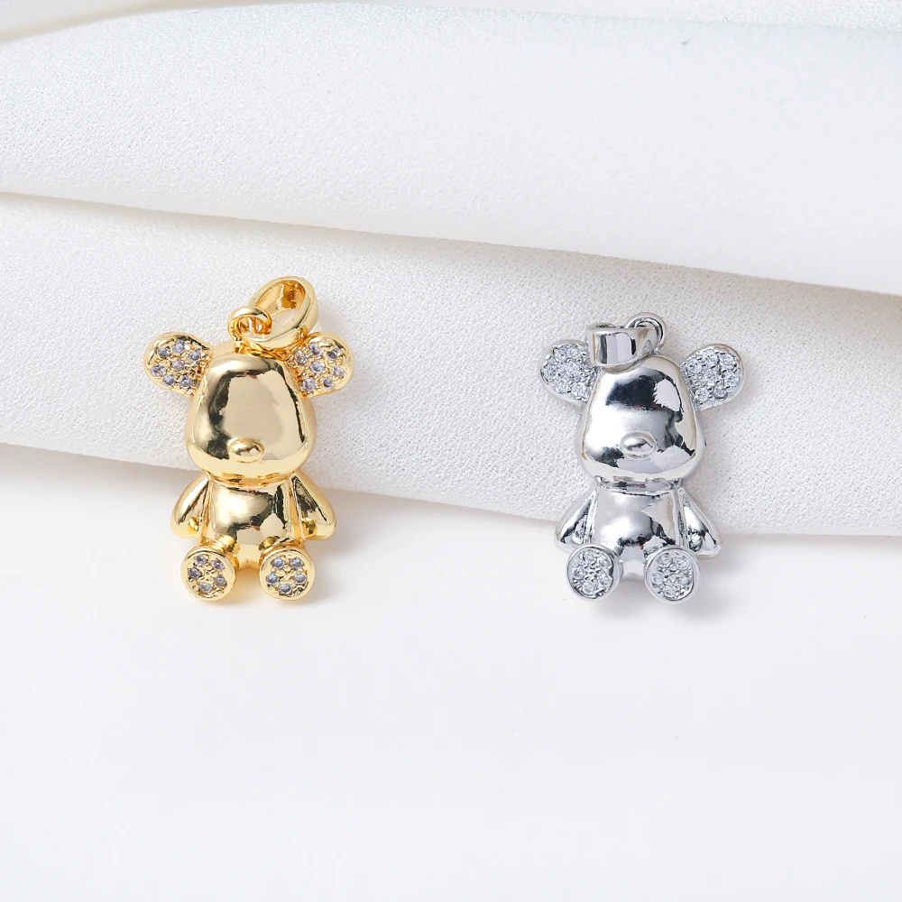 2Pcs Micro Pave CZ Cute Bear Pendant With Bail Brass Gold Plated Animal Bear Charms For Diy Necklace Jewelry Making Accessories