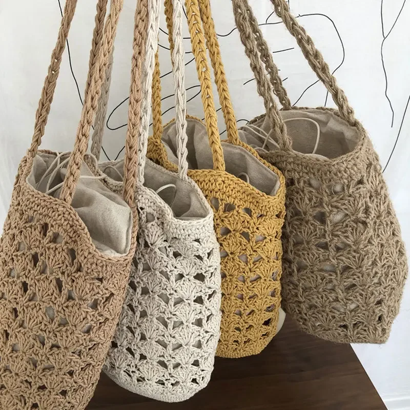 YoReAi Fashion Rattan Women Shoulder Bags Cotton Rope Woven Female Handbags Hollow Out Summer Beach Straw Bag Casual Tote New