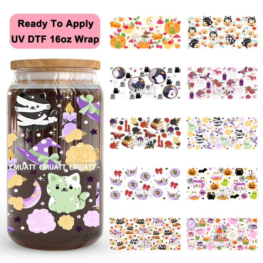 

Fall Black Cat Girly Halloween Spooky Ghost Boo Bats UV DTF Wraps Transfer Sticker Waterproof For 16OZ Libbey Glass Can Tumbler