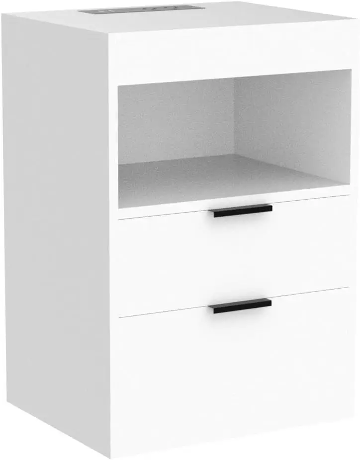 Bedside Table,LED Nightstand with Charging Station,Modern Night Stand White,Wood Sofa Couch End Side Table with 2 Pull-Out Shelf