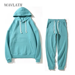 WAVLATII New Women Pique Fabric Hoodie Sets Female Green Oversized Casual Sweatshirts Lady White Hooded Suit Tops Pants WH2388