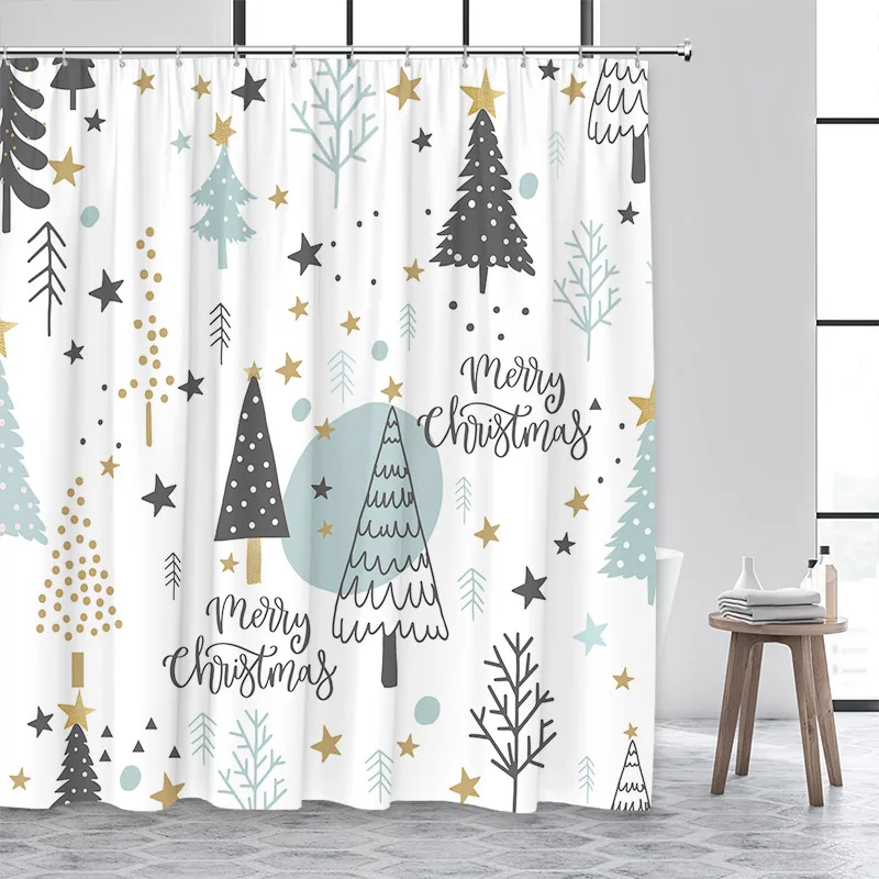 

Merry Christmas Shower Curtains Star Xmas Trees Bath Curtain Polyester Fabric New Year Home Bathroom Decoration Set with Hooks
