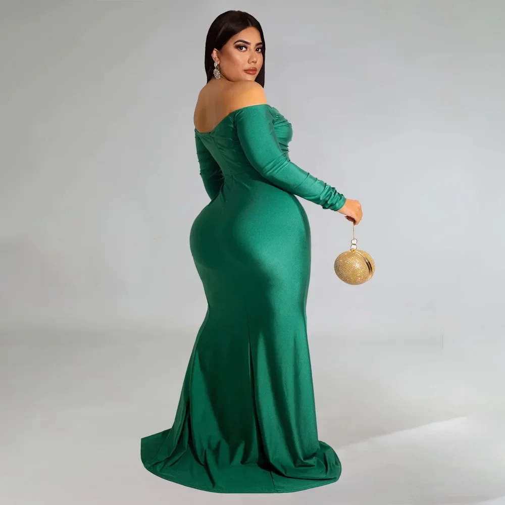 KEXU Sexy High Split Elegant Evening Dresses Plus Size Women Celebrity Party Maxi Dress Full Sleeve Strapless Bodycon Long Dress