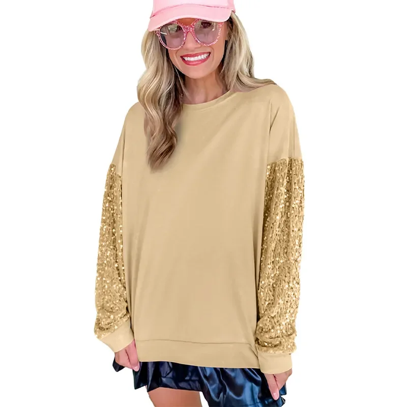 Jersey de retales con lentejuelas para mujer, sudaderas coloridas versátiles y sencillas de manga larga con cuello redondo, Tops informales NASY0002, novedad de 2024