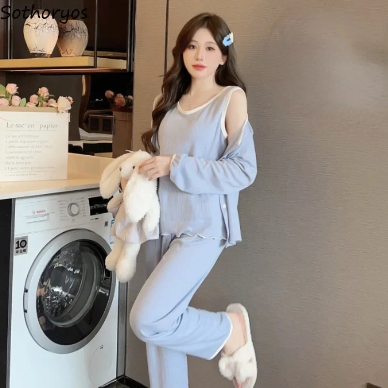 

Женские пижамные комплекты из 3 предметов со вставками, повседневная милая домашняя одежда, универсальная мягкая одежда Ulzzang, модная мягкая одежда для сна для отдыха, студенческого общежития